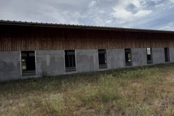 Außenaufnahme der Längsseite eines modernen Stallgebäudes. Der untere Wandbereich besteht aus grauem Sichtbeton mit einer Reihe gleichmäßig angeordneter, hoher Öffnungen. Darüber schließt eine Fassade aus vertikalen Holzlatten unter einem flachen Dachüberstand an. Im Vordergrund erstreckt sich trockenes Gras unter leicht bewölktem Himmel.