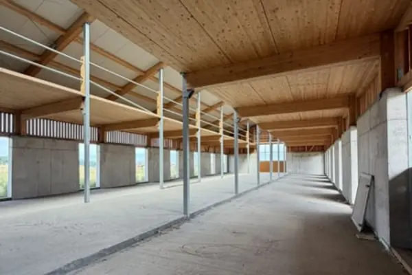 Blick durch eine helle, neu gebaute Stallhalle mit sichtbarer Holzdachkonstruktion und einem ebenen Betonboden. Schlanke Stahlstützen tragen eine hölzerne Empore auf der linken Seite, während seitliche Fensteröffnungen reichlich Tageslicht in den Raum lassen.