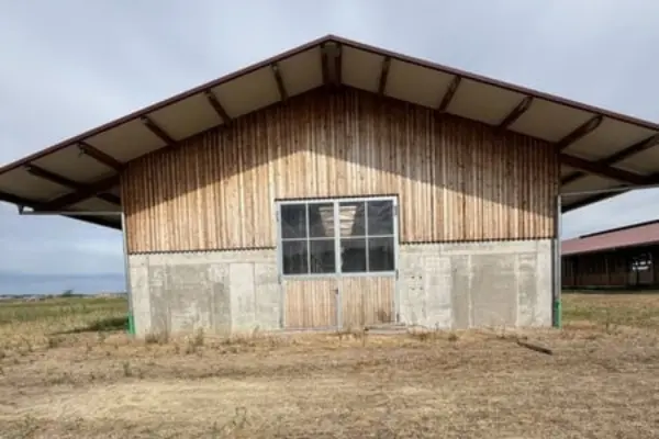 Frontalansicht der Giebelseite eines Stall- oder Wirtschaftsgebäudes. Der untere Wandbereich besteht aus hellem Beton, während die obere Giebelfläche mit vertikalen Holzlatten verkleidet ist. In der Mitte führt ein zweiflügeliges Holztor mit sprossenverglastem Oberteil unter einem weit überstehenden Satteldach in die Halle.