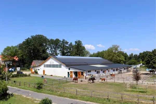 Eine Luftaufnahme eines modernen Pferdehofs unter klarem blauem Himmel mit vereinzelten Wolken. Ein großes, weißes Gebäude mit dunklem Metalldach, das weitgehend mit Solarpaneelen bedeckt ist, bildet den Mittelpunkt. An der Längsseite des Gebäudes befinden sich zahlreiche offene Pferdeboxen mit Holztüren. Auf dem Vorplatz und in angrenzenden Sandpaddocks, die von Holzzäunen umgeben sind, sind mehrere Pferde und Menschen zu sehen. Im Hintergrund dichter Wald und links ältere Farmgebäude. Holzpostenzäune und eine befestigte Straße im Vordergrund.