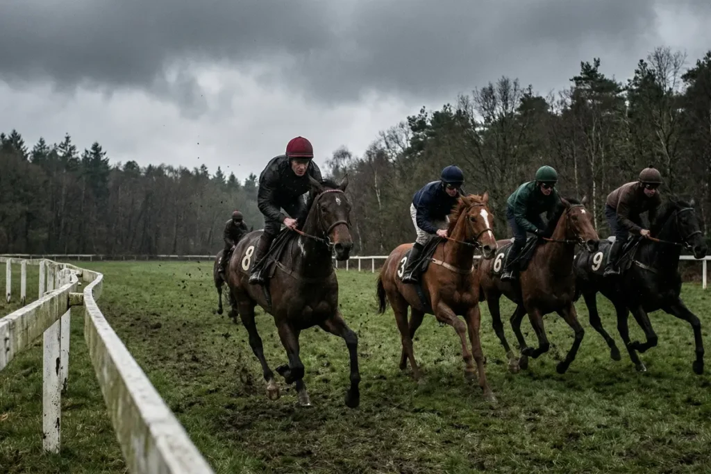 Fünf Jockeys auf ihren Rennpferden galoppieren in einem dichten Feld auf einer matschigen Grasrennbahn direkt auf den Betrachter zu. Die Szene ist frontal und tief aufgenommen, sodass die Pferde und Reiter die gesamte Breite des Bildes einnehmen. Die Pferde sind in vollem Galopp, ihre Körper sind angespannt, und Erde spritzt von den Hufen auf. Die Jockeys tragen unterschiedliche, unbedruckte farbige Helme und Reitjacken (rot, blau, grün, braun). Auf den Schabracken der Pferde sind deutlich weiße Startnummern zu erkennen (8, 3, 6, 9). Der Boden ist nasses, zertretenes Gras und Schlamm. Der Himmel über dem dichten, herbstlichen Wald im Hintergrund ist stark bewölkt, grau und düster, was eine ernste, trübe Stimmung erzeugt. Das Bild ist eine naturalistische Fotografie mit hoher Dynamik und Schärfe im Vordergrund.