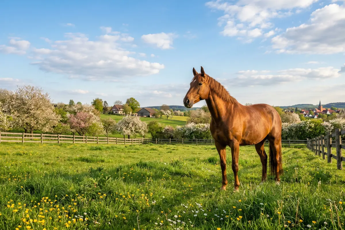 Ein Weitwinkelbild einer gesunden Warmblutstute, die auf einer saftigen, grünen Frühlingsweide im warmen, goldenen Nachmittagslicht steht. Der Himmel ist hellblau mit einigen lockeren Wolken. Im Hintergrund blühen Obstbäume und ein klassischer Holzzaun begrenzt die Koppel. Die Stute wirkt entspannt und aufgeweckt, ihr Fell glänzt im Sonnenlicht.