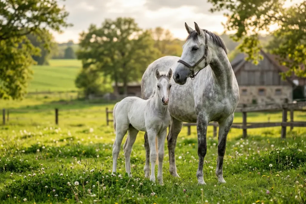 Ein Porträt einer fitten, gut genährten Schimmelstute, die mit ihrem jungen, etwa 10 Tage alten Fohlen auf einer grünen Weide steht. Das Fohlen steht dicht bei der Mutter und blickt neugierig in die Kamera. Die Stute wirkt wachsam und gesund.