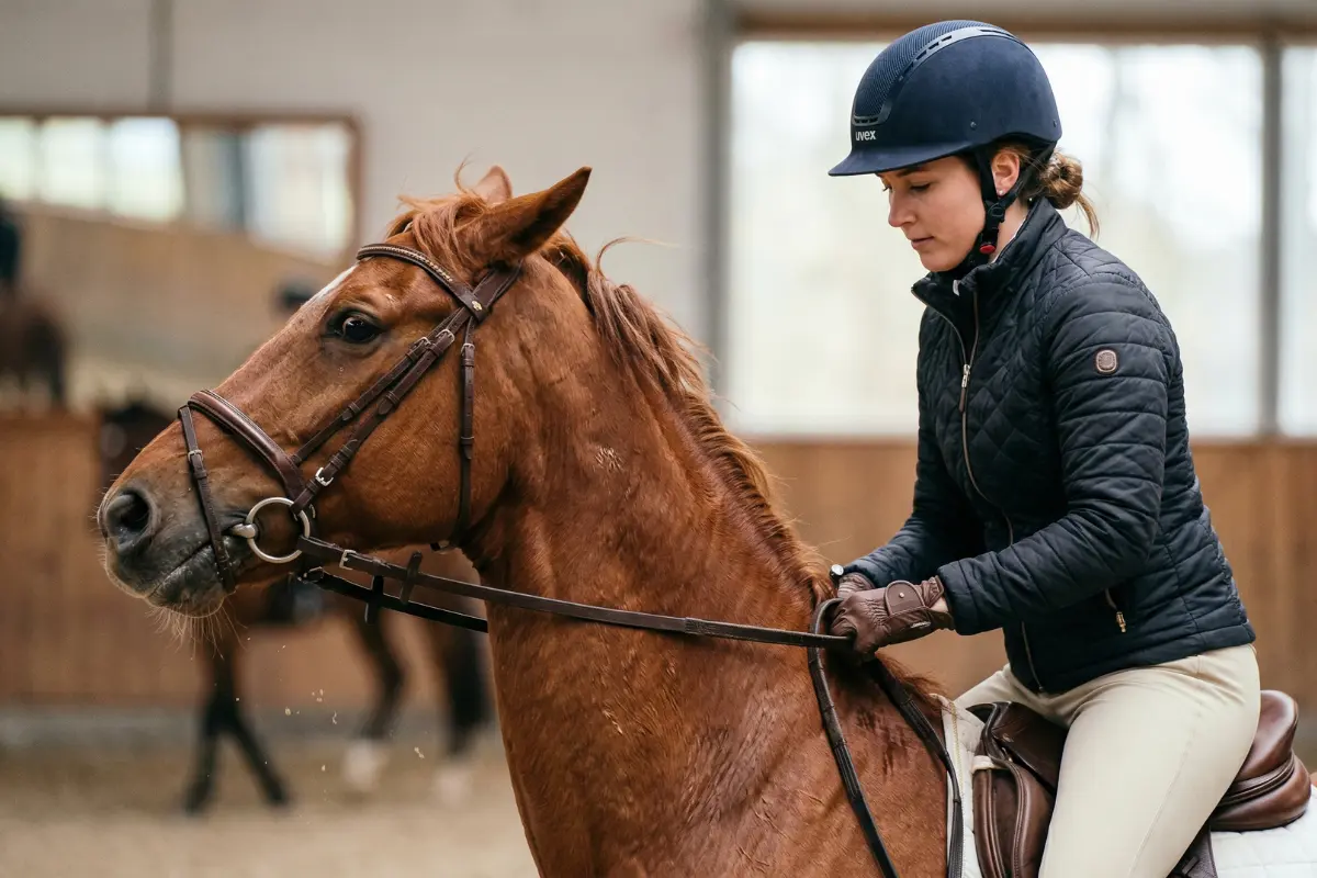 Eine Nahaufnahme einer Reiterin, die vorsichtig eine unruhige Fuchsstute in einer Reithalle reitet. Die Stute hat die Ohren leicht angelegt und wirkt zickig, die Reiterin wirkt geduldig und einwirkend, hält sanften Zügelkontakt. Die Szene zeigt das "Klemmen" der Stute. Weiches Licht fällt durch die Hallenfenster.