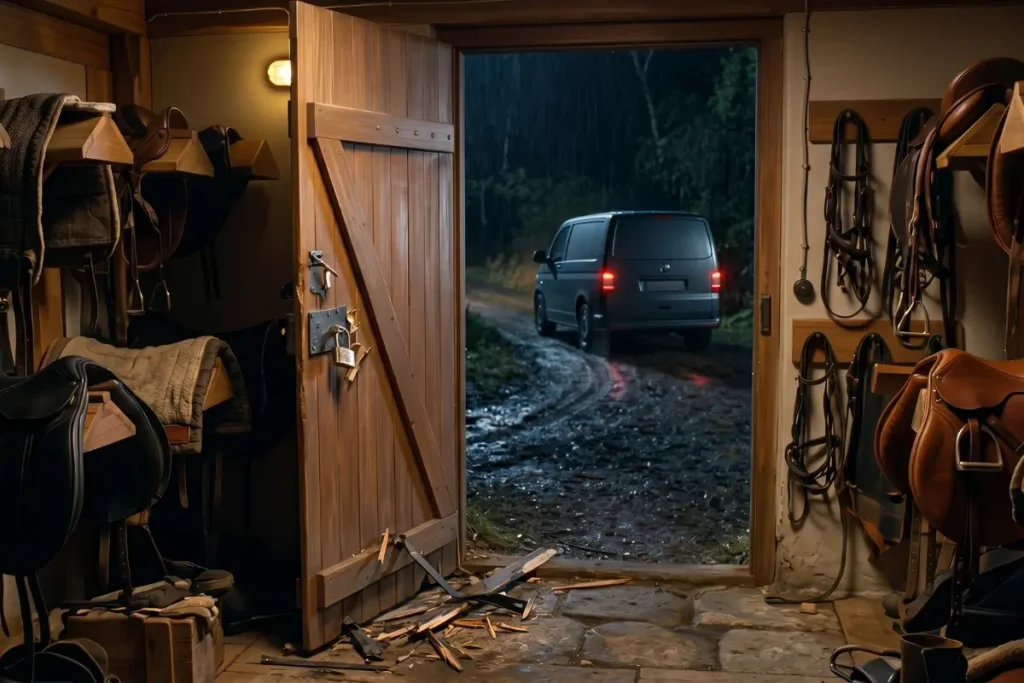 Blick aus dem Inneren einer gut beleuchteten, modernen Sattelkammer durch eine gewaltsam aufgebrochene Holztür nach draußen in eine regnerische Nacht. Die schwere Holztür steht weit offen; im Schlossbereich ist das Holz splitterig herausgebrochen, ein Vorhängeschloss hängt nutzlos herunter und auf dem Steinboden liegen Holzsplitter sowie eine verbogene Metallstange. Im Inneren der Kammer ist hochwertige, moderne Reitausrüstung ordentlich aufgereiht, darunter gepflegte Ledersättel auf Holzhaltern, Trensen und Schabracken. Durch die offene Tür sieht man im Hintergrund auf einem matschigen Feldweg die Rückansicht eines dunklen, modernen Kastenwagens (ähnlich einem VW Caddy oder kleinen Transporter) mit eingeschalteten Rückleuchten, der sich in der Dunkelheit entfernt. Die Szene wirkt bedrohlich und deutet auf einen frischen Einbruch hin.