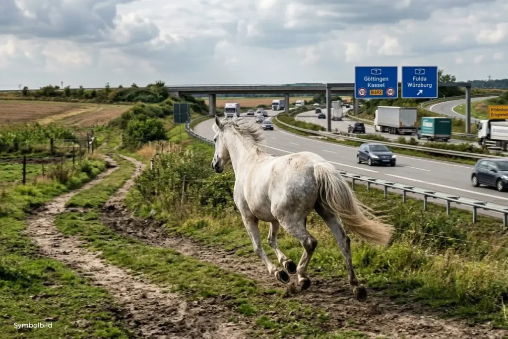 Ein Schimmel rennt auf einem Feldweg parallel zur Autobahn richtung Straße