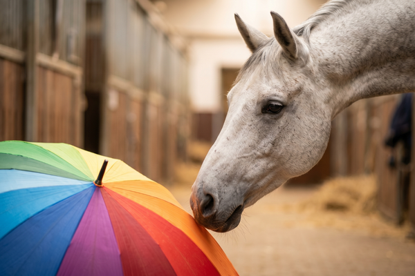 Nahaufnahme eines Schimmels, der in einer Stallgasse neugierig seine Nase an einen aufgespannten, regenbogenfarbenen Regenschirm hält. Das Bild fängt den Moment der ersten Kontaktaufnahme mit einem potenziell gruseligen Gegenstand in einer sicheren Umgebung ein.