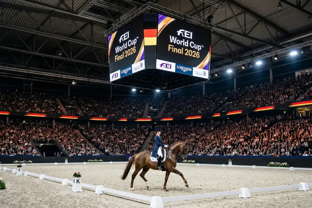 Weitwinkelaufnahme einer vollbesetzten Reitarena während des Dressur-Weltcup-Finales 2026. In der Mitte der Sandbahn reitet eine Dressurreiterin im Frack eine Passage auf einem braunen Pferd. Über dem Viereck hängt ein großer, beleuchteter Videowürfel mit der Aufschrift „FEI World Cup Final 2026“ und einer Deutschlandfahne. Die Zuschauerränge im Hintergrund sind dunkel gehalten, während das Gespann im Rampenlicht steht.