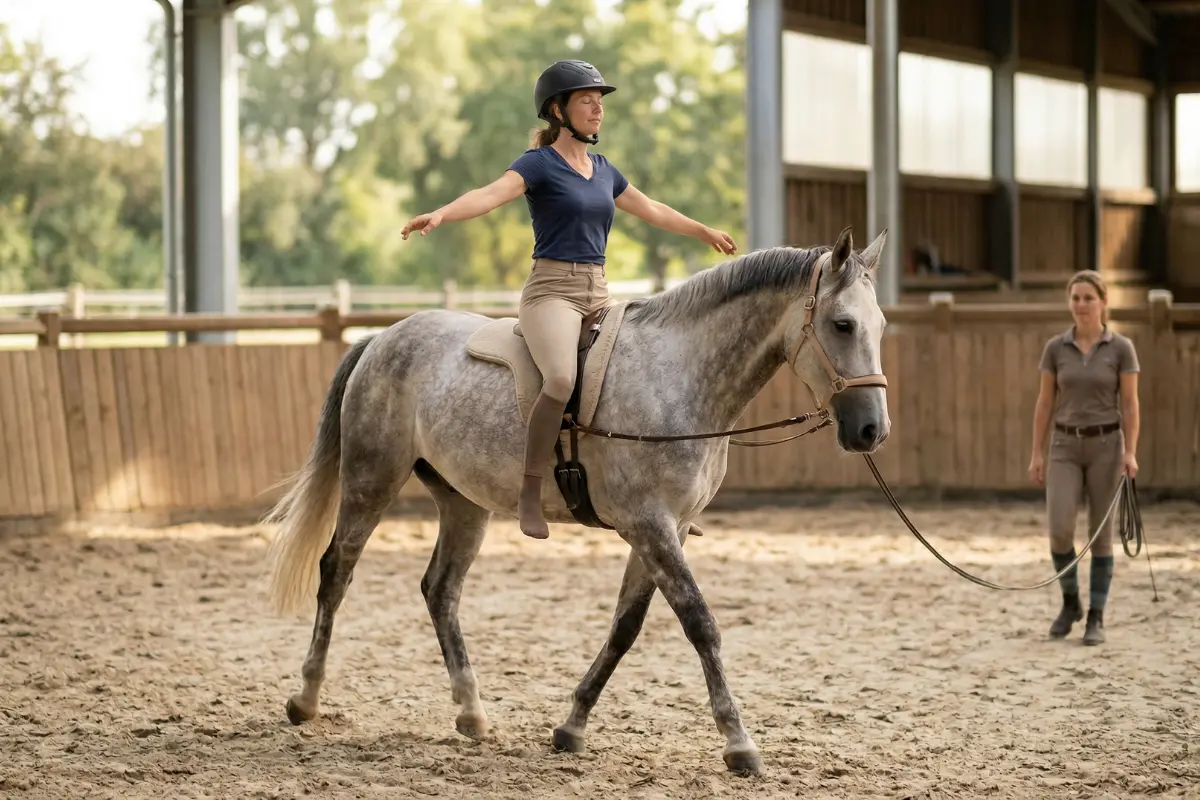 Ein Reiter auf einem Schimmel an der Longe in einer Reithalle. Der Reiter hat die Augen geschlossen, die Arme sind locker zur Seite ausgestreckt, und die Füße befinden sich außerhalb der Steigbügel. 