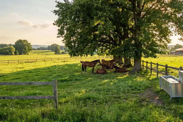 Eine Gruppe brauner Pferde sucht an einem heißen Sommertag Schutz unter großen, schattenspendenden Eichen auf einer grünen Koppel. Im Vordergrund rechts ist eine automatische Edelstahl-Weidetränke mit fließendem Wasser zu sehen; im Hintergrund erstreckt sich eine weite ländliche Landschaft im warmen Abendlicht.