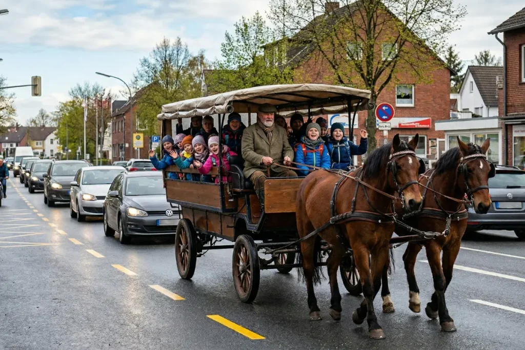 Pferdekutsche voller Schulkinder im Berufsverkehr einer Kleinstadt.