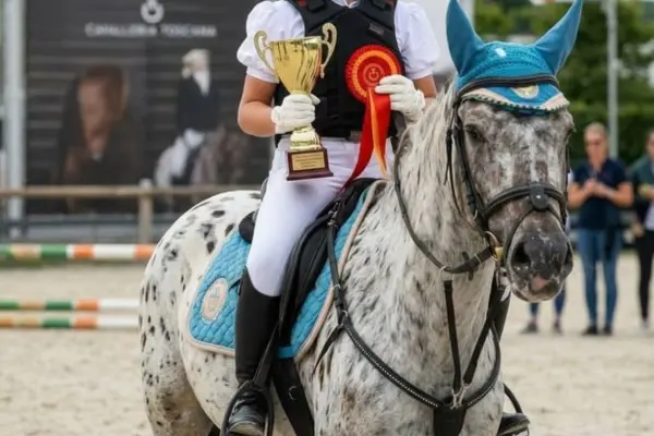 Reiterin auf einem gefleckten Pferd hält einen Pokal und eine rote Siegerschleife nach einer Siegerehrung auf dem Reitplatz.