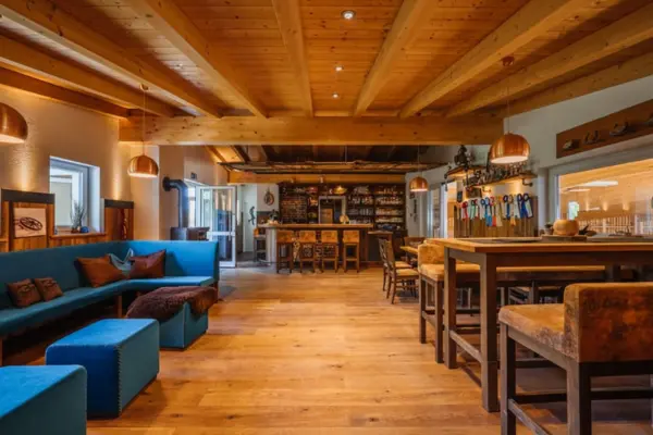 Gemütliches Reitstübchen aus Holz mit blauem Loungebereich, hohen Stehtischen, einer Bar und Blick in die Reithalle.