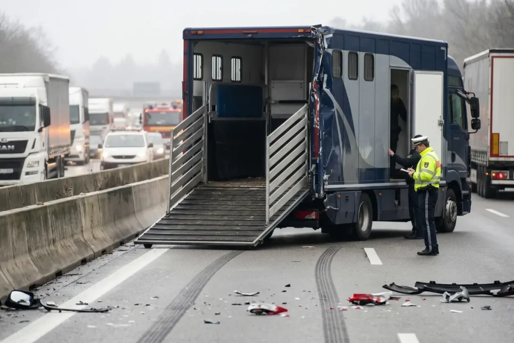 Ein beschädigter, dunkelblauer Pferdetransporter steht nach einem Auffahrunfall auf einer mehrspurigen Autobahn. Die Heckklappe des Lasters ist deformiert und steht offen, Trümmerteile von Rücklichtern und Karosserie sowie dunkle Bremsspuren sind auf dem Asphalt vor dem Fahrzeug zu sehen. Ein einzelner Polizist in neongelber Warnjacke steht daneben und macht sich Notizen. Im Hintergrund ist ein Rückstau mit anderen LKWs und Einsatzfahrzeugen in einer leicht nebligen, gedrückten Atmosphäre erkennbar.