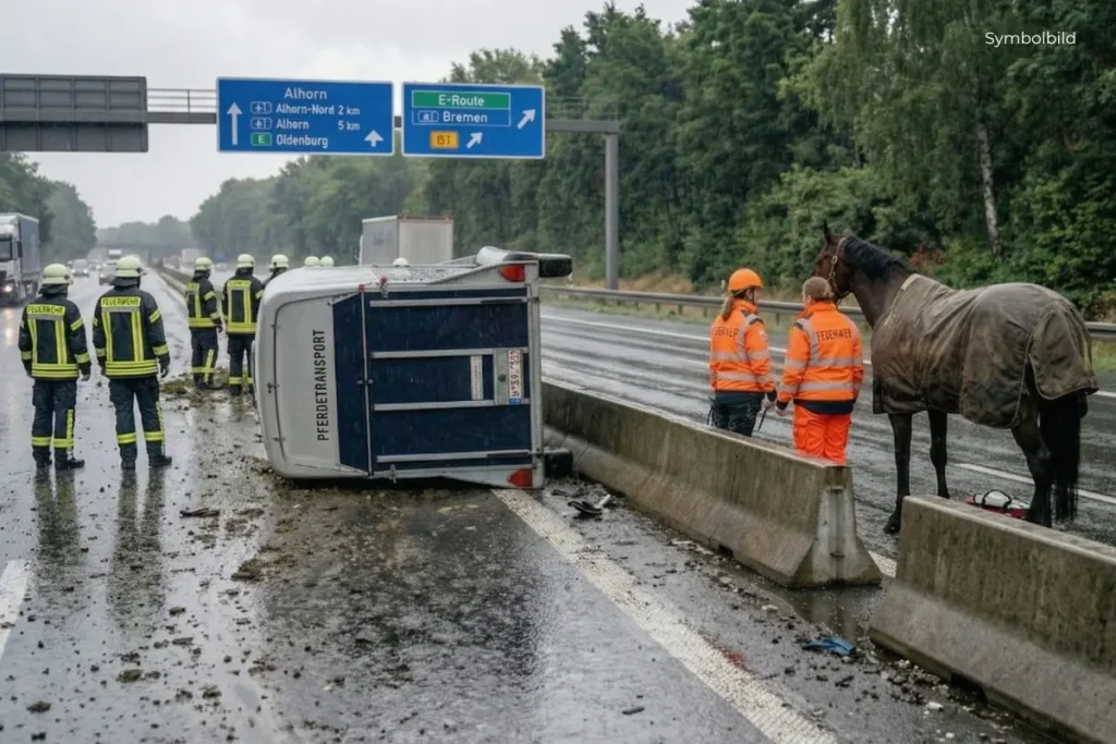 Ein Pressefoto zeigt eine Unfallszene auf einer regnerischen Autobahn mit einem umgestürzten Pferdetransportanhänger. Vier Feuerwehrleute stehen in voller Montur links neben dem Anhänger auf der Fahrbahn. Rechts, hinter einer Betonbarriere, stehen zwei Tierärzte in orangefarbenen Warnjacken bei einem braunen Pferd, das eine Decke trägt. Im Hintergrund sind ein Lastwagen und Wegweiser nach Alhorn und Bremen zu sehen.