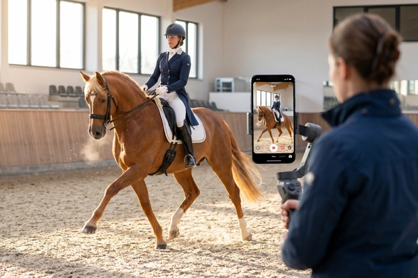 Eine Dressurreiterin in einem dunkelblauen Frack und Helm reitet einen Fuchs mit heller Mähne in einer hellen Reithalle. Im Vordergrund wird die Szene von einer Person mit einem Smartphone auf einem Gimbal (Stabilisator) gefilmt. Auf dem Handydisplay ist das Pferd in der Bewegung zu sehen. Die Szene wirkt professionell und zeigt die Erstellung eines Verkaufsvideos.