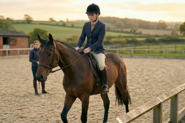 Eine junge Reiterin mit Helm und dunkelblauer Jacket sitzt während eines Probereitens auf einem braunen Pferd auf einem Außenreitplatz. Ihr Gesichtsausdruck wirkt nachdenklich und leicht verunsichert, während sie auf den Hals des Pferdes hinabblickt. Im Hintergrund steht eine weitere Frau und beobachtet die Szene in einer ländlichen Umgebung bei tiefstehender Sonne.