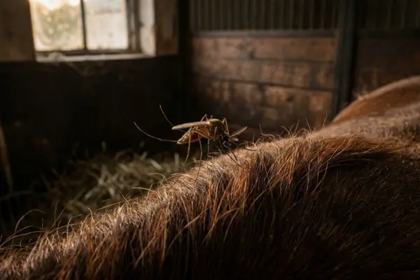 Nahaufnahme einer Hausmücke (Culex) auf dem braunen Fell eines Pferdes in einem rustikalen Stall. Das warme Licht der Abenddämmerung fällt durch ein Stallfenster im Hintergrund und betont die Hauptflugzeit der Insekten sowie die Gefahr einer Virusübertragung.