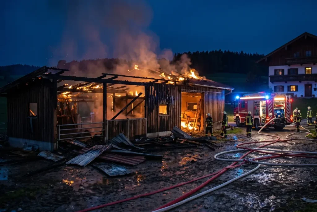 Ein nächtliches Foto zeigt einen schweren Brand in einem ländlichen Pferdestall im bayerischen Stil. Der hölzerne Stall steht lichterloh in Flammen, dicker Rauch steigt auf und ein Teil des Dachstuhls ist bereits eingestürzt. Eine Gruppe von mindestens zehn Feuerwehrleuten in Schutzkleidung ist vor Ort, um das Feuer zu bekämpfen. Mehrere Löschschläuche liegen auf dem nassen, matschigen Boden und sind mit einem großen Feuerwehrfahrzeug mit eingeschalteten Blaulichtern und Arbeitsbeleuchtung verbunden. Im Hintergrund steht ein traditionelles, unversehrtes, zweistöckiges bayerisches Wohnhaus mit beleuchteten Fenstern unter einem tiefblauen Abendhimmel.